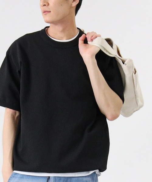 PLUS ONE（プラスワン）の「【PLUS ONE】ウォッシャブルニットTシャツ（Tシャツ/カットソー・メンズ・オフホワイト/ベージュ/ブルー/ブラック/その他1/ブラック×ホワイト・M/L/XL）」の3枚目の写真