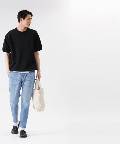 PLUS ONE（プラスワン）の「【PLUS ONE】ウォッシャブルニットTシャツ（Tシャツ/カットソー・メンズ・オフホワイト/ベージュ/ブルー/ブラック/その他1/ブラック×ホワイト・M/L/XL）」の14枚目の写真