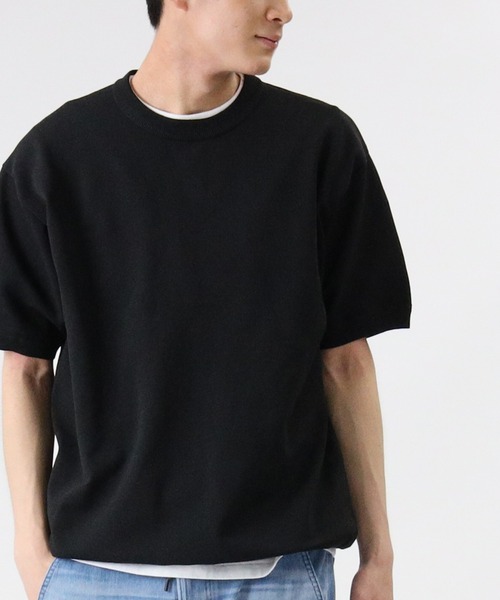 PLUS ONE（プラスワン）の「【PLUS ONE】ウォッシャブルニットTシャツ（Tシャツ/カットソー・メンズ・オフホワイト/ベージュ/ブルー/ブラック/その他1/ブラック×ホワイト・M/L/XL）」の16枚目の写真