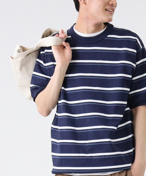 PLUS ONE（プラスワン）の「【PLUS ONE】ウォッシャブルニットTシャツ（Tシャツ/カットソー・メンズ・オフホワイト/ベージュ/ブルー/ブラック/その他1/ブラック×ホワイト・M/L/XL）」の21枚目の写真