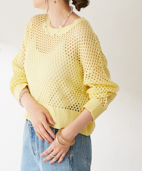 DISCOAT（ディスコート）の「【WEB限定】透かし編みショートニット（ニット/セーター・レディース・ブラック/イエロー/アイボリー/ブルーグレー/グリーン/オレンジ・FREE）」の5枚目の写真