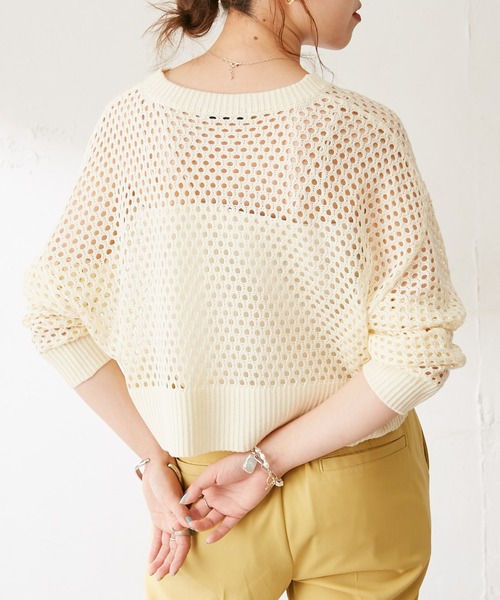 DISCOAT（ディスコート）の「【WEB限定】透かし編みショートニット（ニット/セーター・レディース・ブラック/イエロー/アイボリー/ブルーグレー/グリーン/オレンジ・FREE）」の8枚目の写真