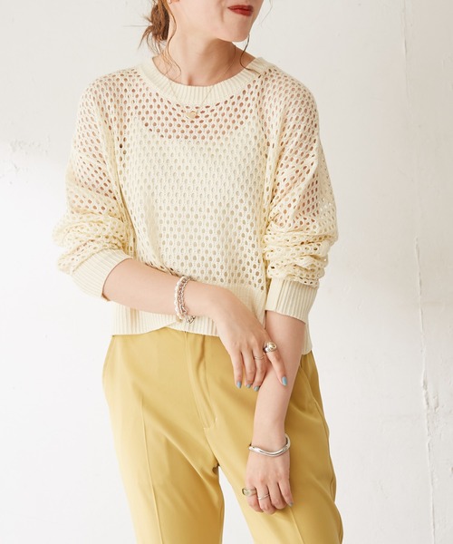 DISCOAT（ディスコート）の「【WEB限定】透かし編みショートニット（ニット/セーター・レディース・ブラック/イエロー/アイボリー/ブルーグレー/グリーン/オレンジ・FREE）」の18枚目の写真
