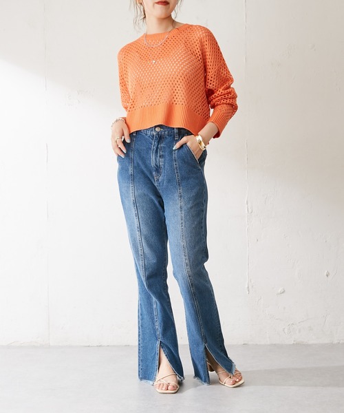 DISCOAT（ディスコート）の「【WEB限定】透かし編みショートニット（ニット/セーター・レディース・ブラック/イエロー/アイボリー/ブルーグレー/グリーン/オレンジ・FREE）」の21枚目の写真