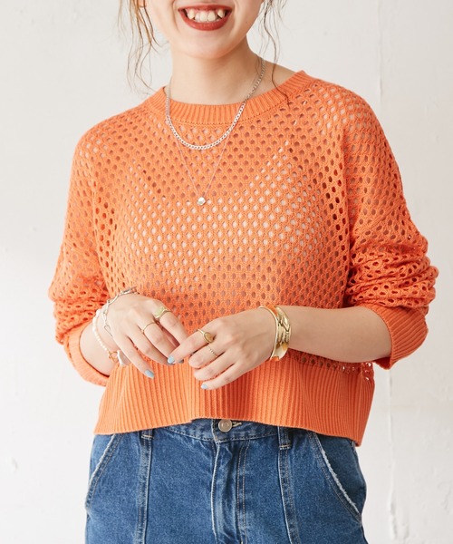 DISCOAT（ディスコート）の「【WEB限定】透かし編みショートニット（ニット/セーター・レディース・ブラック/イエロー/アイボリー/ブルーグレー/グリーン/オレンジ・FREE）」の12枚目の写真