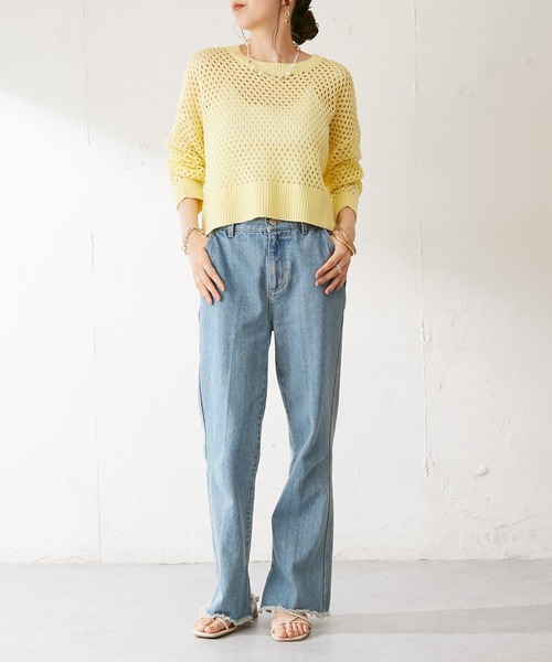 DISCOAT（ディスコート）の「【WEB限定】透かし編みショートニット（ニット/セーター・レディース・ブラック/イエロー/アイボリー/ブルーグレー/グリーン/オレンジ・FREE）」の15枚目の写真