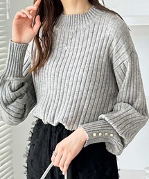 袖口ボタンパフスリーブボトルネックニット