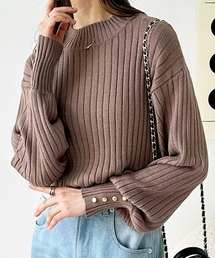 袖口ボタンパフスリーブボトルネックニット