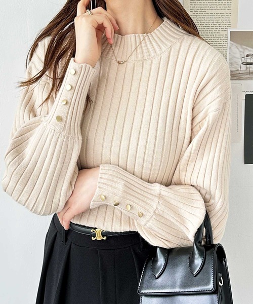 セール】袖口ボタンパフスリーブボトルネックニット（ニット/セーター