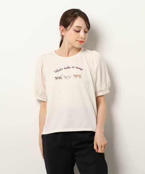 Allamanda（アラマンダ）の「NEWCatパフTシャツ（Tシャツ/カットソー・レディース・ピンク/ホワイト系その他/ピンク系/オフホワイト・M）」の3枚目の写真