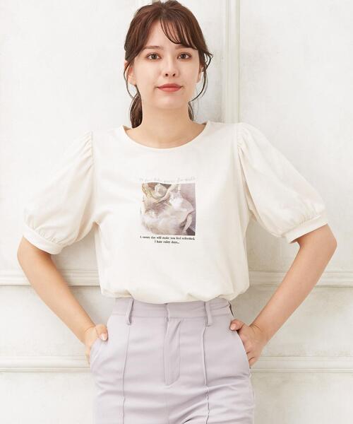Allamanda（アラマンダ）の「NEWCatパフTシャツ（Tシャツ/カットソー・レディース・ピンク/ホワイト系その他/ピンク系/オフホワイト・M）」の2枚目の写真