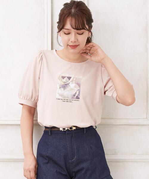 Allamanda（アラマンダ）の「NEWCatパフTシャツ（Tシャツ/カットソー・レディース・ピンク/ホワイト系その他/ピンク系/オフホワイト・M）」の4枚目の写真