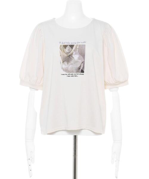 Allamanda（アラマンダ）の「NEWCatパフTシャツ（Tシャツ/カットソー・レディース・ピンク/ホワイト系その他/ピンク系/オフホワイト・M）」の5枚目の写真