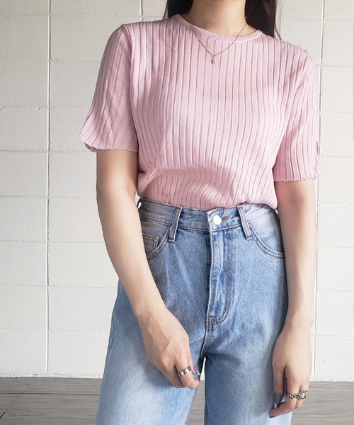 me+em select(ミームセレクト)の「【数量限定販売】リネンブレンドスリット半袖リブニット(Tシャツ/カットソー・レディース・ベージュ/ネイビー/ピンク/イエロー・FREE)」の1枚目の写真