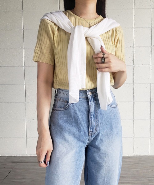 me+em select(ミームセレクト)の「【数量限定販売】リネンブレンドスリット半袖リブニット(Tシャツ/カットソー・レディース・ベージュ/ネイビー/ピンク/イエロー・FREE)」の15枚目の写真