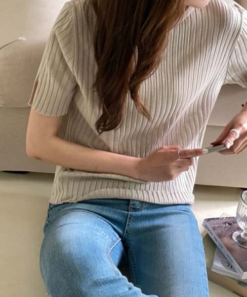 me+em select(ミームセレクト)の「【数量限定販売】リネンブレンドスリット半袖リブニット(Tシャツ/カットソー・レディース・ベージュ/ネイビー/ピンク/イエロー・FREE)」の13枚目の写真