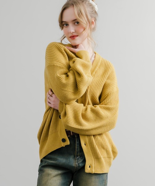 Rocky Monroe（ロッキーモンロー）の「ハイバルキー片畦編み オーバーサイズ ウォッシャブルニット ビッグシルエットカーディガン（カーディガン/ボレロ・メンズ・ネイビー/ケリーグリーン/ダークブラウン/ブラック/ライトグレー/オフホワイト/チャコールグレー/グレイッシュベージュ/サックスブルー/マスタード/パープル/ロイヤルブルー/オレンジ/ピンク/ライトグリーン・LL/M/L）」の21枚目の写真