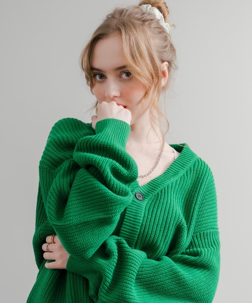 Rocky Monroe（ロッキーモンロー）の「ハイバルキー片畦編み オーバーサイズ ウォッシャブルニット ビッグシルエットカーディガン（カーディガン/ボレロ・メンズ・ネイビー/ケリーグリーン/ダークブラウン/ブラック/ライトグレー/オフホワイト/チャコールグレー/グレイッシュベージュ/サックスブルー/マスタード/パープル/ロイヤルブルー/オレンジ/ピンク/ライトグリーン・LL/M/L）」の16枚目の写真