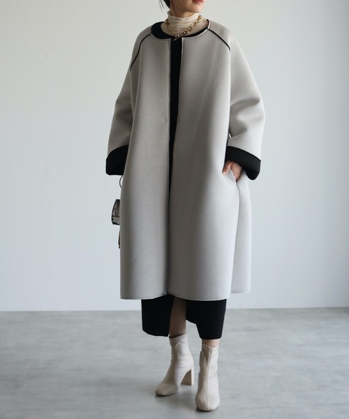ap retro（アプレトロ）の「配色ボンディングノーカラーロングコート（ノーカラーコート・レディース・ベージュ/グレー/モカ/ブラック・MEDIUM/LARGE）」の16枚目の写真