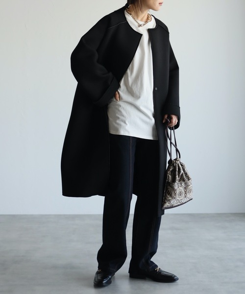 ap retro（アプレトロ）の「配色ボンディングノーカラーロングコート（ノーカラーコート・レディース・ベージュ/グレー/モカ/ブラック・MEDIUM/LARGE）」の6枚目の写真