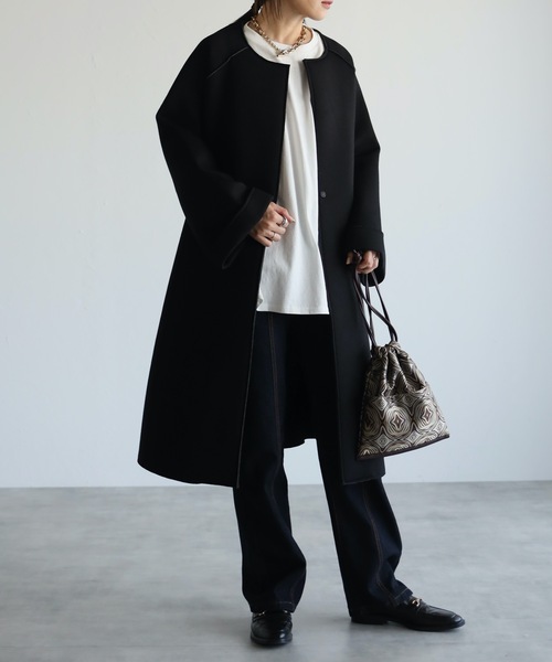 ap retro（アプレトロ）の「配色ボンディングノーカラーロングコート（ノーカラーコート・レディース・ベージュ/グレー/モカ/ブラック・MEDIUM/LARGE）」の7枚目の写真