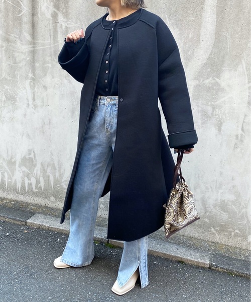 ap retro（アプレトロ）の「配色ボンディングノーカラーロングコート（ノーカラーコート・レディース・ベージュ/グレー/モカ/ブラック・MEDIUM/LARGE）」の14枚目の写真