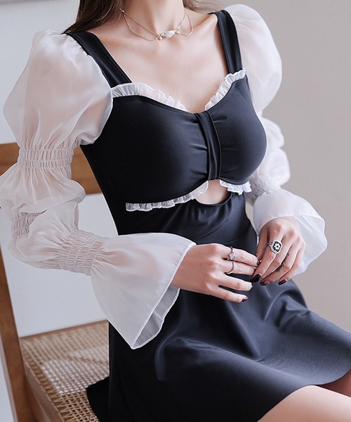 レディース水着 シアーマムルーク袖のレトロワンピ風フリルオールインワンスイムウェア（水着）｜TeddyShop（テディショップ）