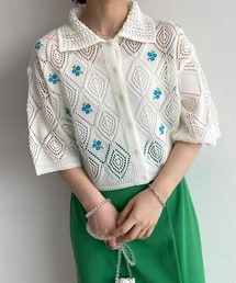 w closet | 透かし編み刺繍入り襟付カーディガン(カーディガン/ボレロ)