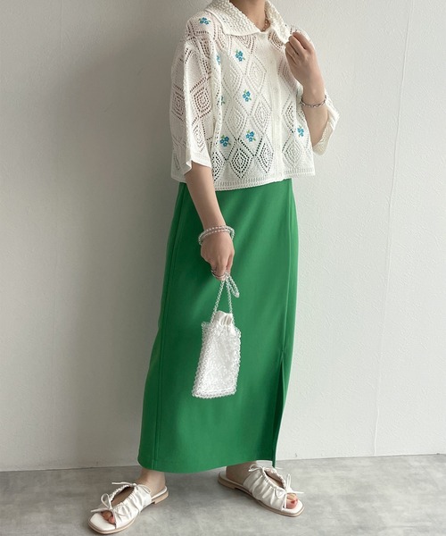 w closet（ダブルクローゼット）の「透かし編み刺繍入り襟付カーディガン（カーディガン/ボレロ・レディース・キナリ/グリーン/ブルー/オフホワイト/ブラック/ラベンダー・FREE）」の9枚目の写真