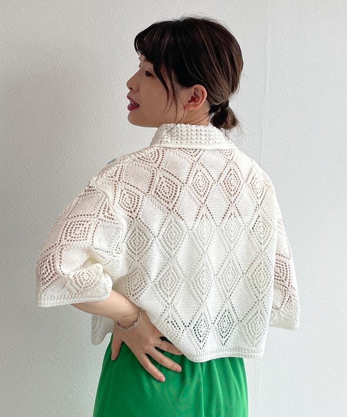 w closet（ダブルクローゼット）の「透かし編み刺繍入り襟付カーディガン（カーディガン/ボレロ・レディース・キナリ/グリーン/ブルー/オフホワイト/ブラック/ラベンダー・FREE）」の15枚目の写真