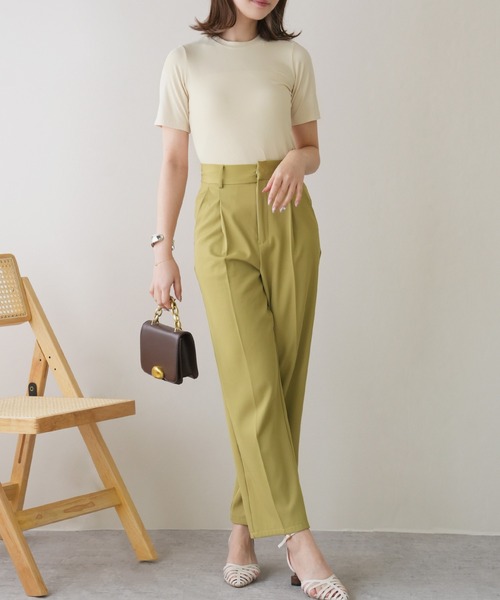 IAMUSE（アイアミューズ）の「【長め袖が二の腕を華奢見せ】テレコリブクルーネック半袖Tシャツ S0440【IAMUSE】（Tシャツ/カットソー・レディース・ブラック/アイボリー/モカ/グリーン系その他/モスグリーン/グレイッシュベージュ・FREE）」の2枚目の写真