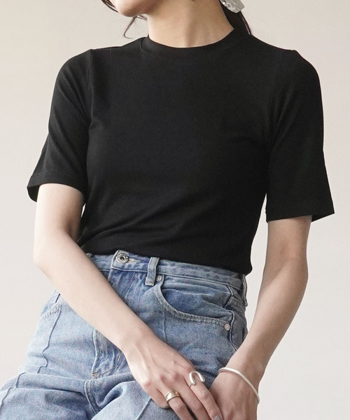 IAMUSE（アイアミューズ）の「【長め袖が二の腕を華奢見せ】テレコリブクルーネック半袖Tシャツ S0440【IAMUSE】（Tシャツ/カットソー・レディース・ブラック/アイボリー/モカ/グリーン系その他/モスグリーン/グレイッシュベージュ・FREE）」の13枚目の写真