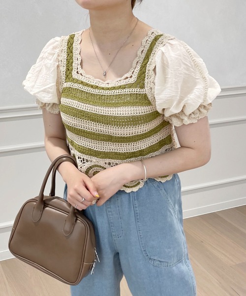 PairPair（ペアペア）の「かぎ針編み刺繍トップス（Tシャツ/カットソー・レディース・ライム/オレンジ・フリー）」の4枚目の写真