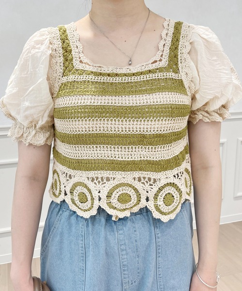 PairPair（ペアペア）の「かぎ針編み刺繍トップス（Tシャツ/カットソー・レディース・ライム/オレンジ・フリー）」の7枚目の写真