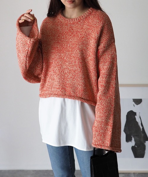 Riberry（リベリー）の「ライン入りショート丈ニットプルオーバー（ニット/セーター・レディース・オレンジ/オフホワイト/ライトブラウン・MEDIUM）」の5枚目の写真