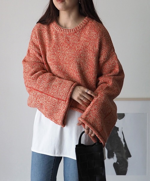 Riberry（リベリー）の「ライン入りショート丈ニットプルオーバー（ニット/セーター・レディース・オレンジ/オフホワイト/ライトブラウン・MEDIUM）」の6枚目の写真