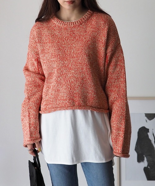 Riberry（リベリー）の「ライン入りショート丈ニットプルオーバー（ニット/セーター・レディース・オレンジ/オフホワイト/ライトブラウン・MEDIUM）」の7枚目の写真