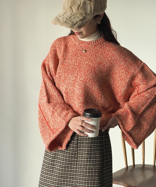 Riberry（リベリー）の「ライン入りショート丈ニットプルオーバー（ニット/セーター・レディース・オレンジ/オフホワイト/ライトブラウン・MEDIUM）」の12枚目の写真