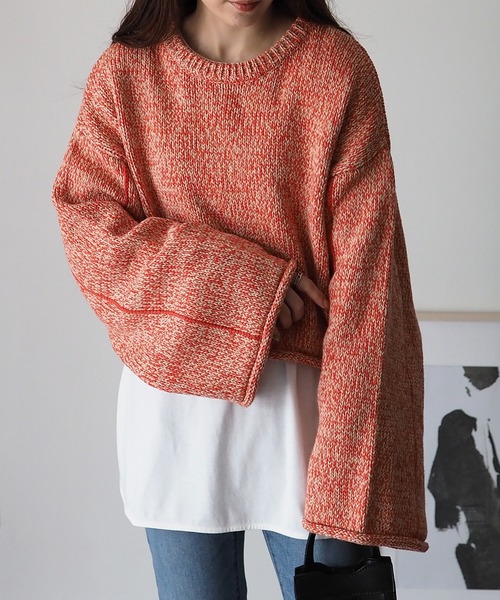 Riberry（リベリー）の「ライン入りショート丈ニットプルオーバー（ニット/セーター・レディース・オレンジ/オフホワイト/ライトブラウン・MEDIUM）」の13枚目の写真