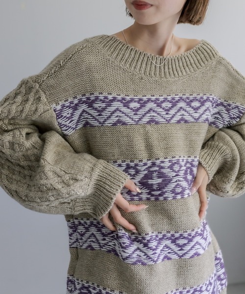mystic（ミスティック）の「ジャガードクルーVニット（ニット/セーター・レディース・ベージュ/ネイビー/チャコールグレー・FREE）」の2枚目の写真