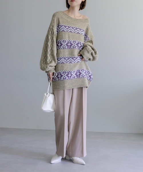 mystic（ミスティック）の「ジャガードクルーVニット（ニット/セーター・レディース・ベージュ/ネイビー/チャコールグレー・FREE）」の4枚目の写真