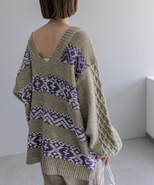 mystic（ミスティック）の「ジャガードクルーVニット（ニット/セーター・レディース・ベージュ/ネイビー/チャコールグレー・FREE）」の7枚目の写真