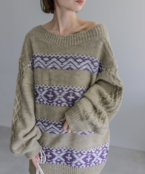 mystic（ミスティック）の「ジャガードクルーVニット（ニット/セーター・レディース・ベージュ/ネイビー/チャコールグレー・FREE）」の9枚目の写真