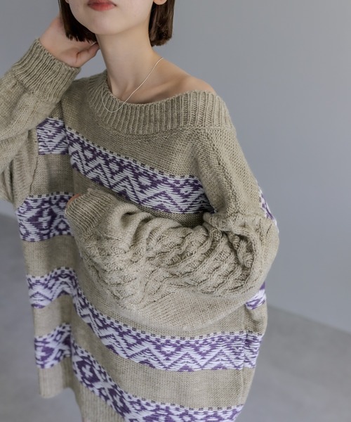 mystic（ミスティック）の「ジャガードクルーVニット（ニット/セーター・レディース・ベージュ/ネイビー/チャコールグレー・FREE）」の11枚目の写真
