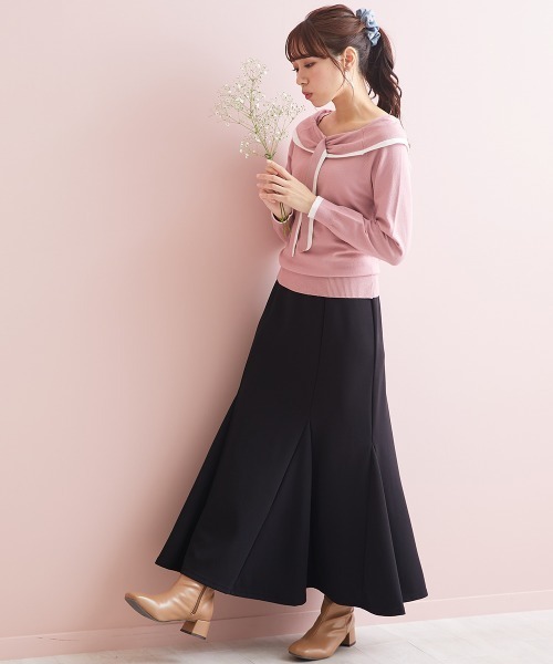 marun(マルン)の「<大きいサイズ> ボータイオフショルダーニットトップス marun(ニット/セーター・レディース・ピンク/ブラック・L/LL/4L/5L/3L)」の7枚目の写真