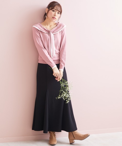 marun(マルン)の「<大きいサイズ> ボータイオフショルダーニットトップス marun(ニット/セーター・レディース・ピンク/ブラック・L/LL/4L/5L/3L)」の5枚目の写真