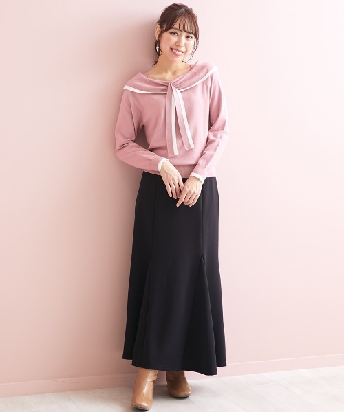 marun(マルン)の「<大きいサイズ> ボータイオフショルダーニットトップス marun(ニット/セーター・レディース・ピンク/ブラック・L/LL/4L/5L/3L)」の21枚目の写真