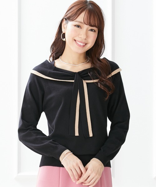 marun(マルン)の「<大きいサイズ> ボータイオフショルダーニットトップス marun(ニット/セーター・レディース・ピンク/ブラック・L/LL/4L/5L/3L)」の3枚目の写真
