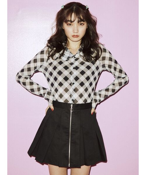 jouetie(ジュエティ)の「メッシュチェックカラートップス(シャツ/ブラウス・レディース・ブラック/レッド/ブルー・MEDIUM)」の2枚目の写真