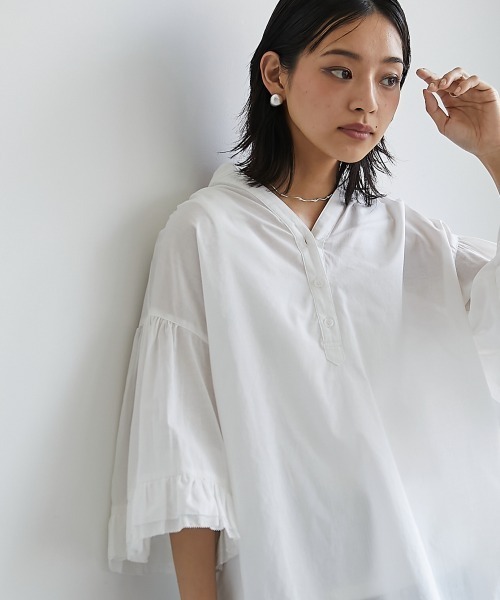 CHIC STYLE（シックスタイル）の「＜大きいサイズ＞綿100％袖フリルスキッパーブラウス シックスタイル（シャツ/ブラウス・レディース・オフホワイト/ブラック・L/LL/3L/4L/5L）」の13枚目の写真